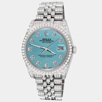 Rolex Custom Turquoise 10.2ct Diamonds Stainless Steel Datejust 116200 Automatic Men's Wristwatch 36mm