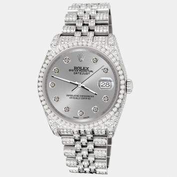 Rolex Custom Gray 10.2ct Diamonds Stainless Steel Datejust 116200 Automatic Men's Wristwatch 36mm
