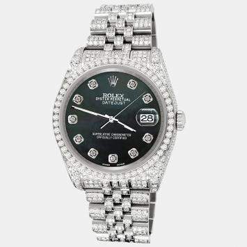 Rolex Custom Black 10.2ct Diamonds Stainless Steel Datejust 116200 Automatic Men's Wristwatch 36mm