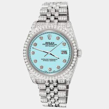 Rolex Custom Ice Blue 10.2ct Diamonds Stainless Steel Datejust 116200 Automatic Men's Wristwatch 36mm