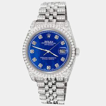 Rolex Custom Royal Blue 10.2ct Diamonds Stainless Steel Datejust 116200 Automatic Men's Wristwatch 36mm