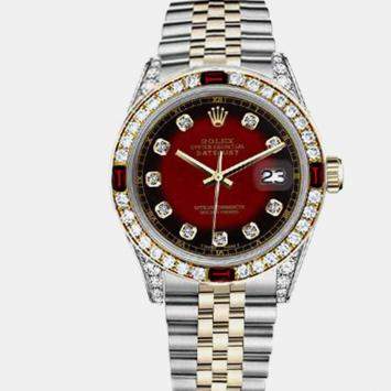 Rolex Customised Red Vignette Diamond 18K Yellow Gold Stainless Steel Datejust 16013 Automatic Men's Wristwatch 36mm