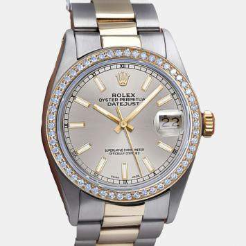 Rolex Customised Silver Diamond 18K Yellow Gold Stainless Steel Datejust 16013 Automatic Men's Wristwatch 36mm