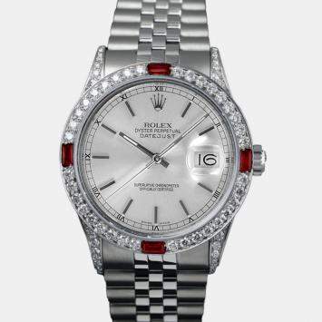 Rolex Customised Silver Diamond Stainless Steel Datejust 16014 Automatic Men's Wristwatch 36mm