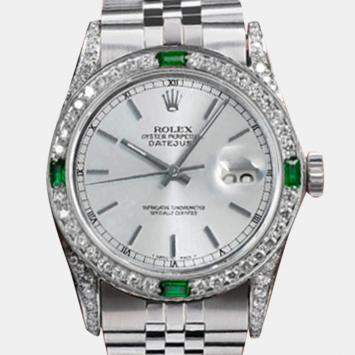 Rolex Customised Silver Diamond Stainless Steel Datejust 16014 Automatic Men's Wristwatch 36mm