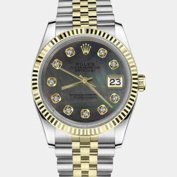 Rolex Customised Black MOP Diamond 18K Yellow Gold Stainless Steel Datejust 16013 Automatic Men's Wristwatch 36mm