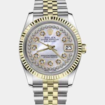 Rolex Customised White MOP Diamond 18K Yellow Gold Stainless Steel Datejust 16013 Automatic Men's Wristwatch 36mm