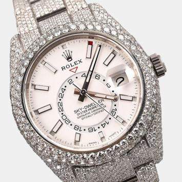 Rolex Customised Silver 35CT Diamond Stainless Steel Skydweller Automatic Men's Wristwatch 42mm