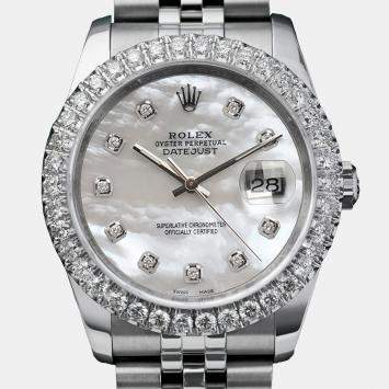 Rolex Customised Silver MOP Diamond Stainless Steel Datejust 116234 Automatic Men's Wristwatch 36mm