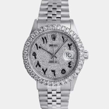 Rolex Customised Silver Diamond Stainless Steel Datejust 16014 Automatic Men's Wristwatch 36mm