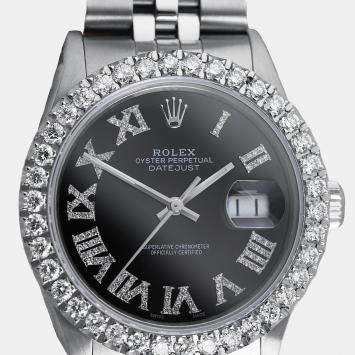 Rolex Customised Black Diamond Stainless Steel Datejust 16014 Automatic Men's Wristwatch 36mm