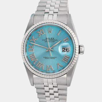 Rolex Customised Ice Blue Diamond Stainless Steel Datejust 16014 Automatic Men's Wristwatch 36mm