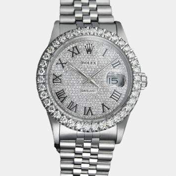 Rolex Customised Silver Diamond Stainless Steel Datejust 16014 Automatic Men's Wristwatch 36mm