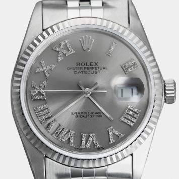 Rolex Customised Silver Diamond Stainless Steel Datejust 16014 Automatic Men's Wristwatch 36mm