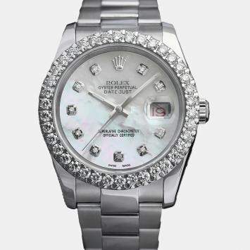 Rolex Customised White MOP Diamond Stainless Steel Datejust 116234 Automatic Men's Wristwatch 36mm