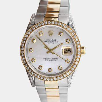 Rolex Customised White MOP Diamond Stainless Steel Date 15053 Automatic Men's Wristwatch 34mm