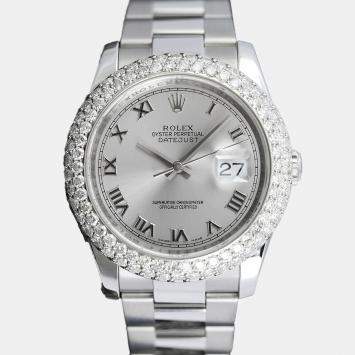 Rolex Customised Silver Diamond Stainless Steel Datejust 116234 Automatic Men's Wristwatch 36 mm
