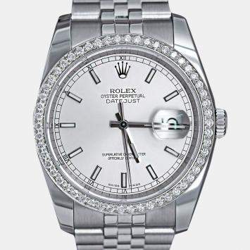 Rolex Customised Silver Diamond Stainless Steel Datejust 116234 Automatic Men's Wristwatch 36mm