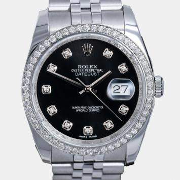 Rolex Customised Black Diamond Stainless Steel Datejust 116234 Automatic Men's Wristwatch 36mm