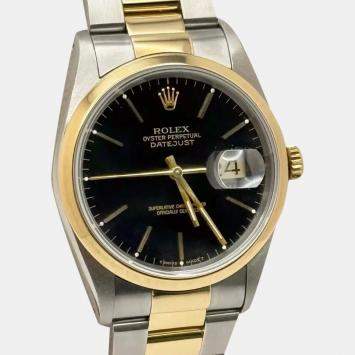 Rolex Black 18k Yellow Gold Stainless Steel Datejust 16203 Automatic Men's Wristwatch 36 mm