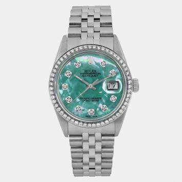Rolex Custom Green Turquoise Diamond Stainless Steel Datejust 16030 Automatic Men's Wristwatch 36mm