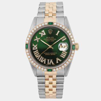 Rolex Custom Green Diamond 18K Yellow Gold Stainless Steel Datejust 16233 Automatic Men's Wristwatch 36mm