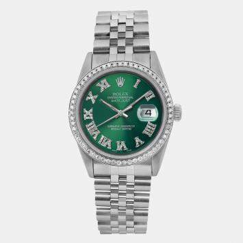 Rolex Custom Green Diamond Stainless Steel Datejust 16220 Automatic Men's Wristwatch 36mm