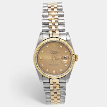 Pre Owned Rolex Champagne 18K Yellow Gold Stainless Steel Diamond Datejust Unisex Wristwatch 36 mm