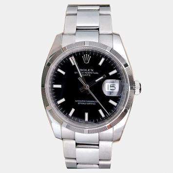 Pre Owned Rolex Oyster Perpetual Date 115210 Automatic Black Stainless Steel Men's Wristwatch 34 mm