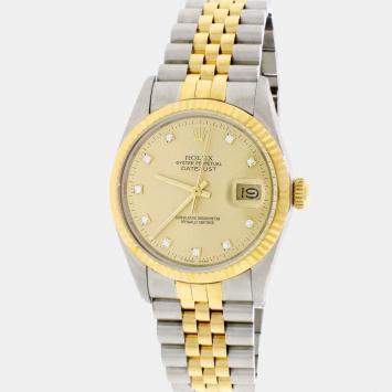 Pre Owned Rolex Champagne 18k Yellow Gold Stainless Steel Diamond Datejust 16013 Automatic Men's Wristwatch 36 mm