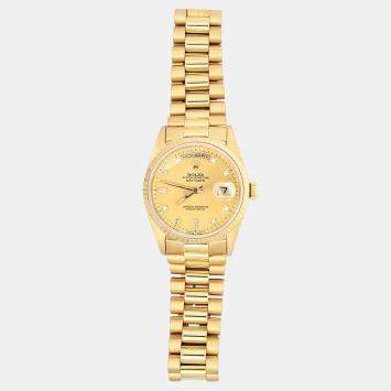 Pre Owned Rolex Day-Date 18038 Automatic Champagne Diamond 18K Yellow Gold Men’s Wristwatch 36 mm