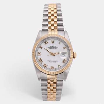 Pre Owned Rolex White 18K Yellow Gold & Stainless Steel Datejust 16233 Automatic Unisex Wristwatch 35 mm