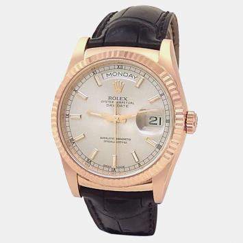 Pre Owned Rolex Day-Date 118135 Automatic Silver 18K Rose Gold Men’s Wristwatch 36 mm