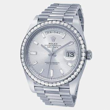 Pre Owned Rolex Day-Date 228349RBR Automatic Silver Diamond 18K White Gold Men’s Wristwatch 40 mm