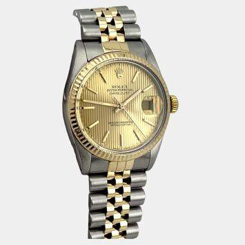 Pre Owned Rolex Datejust 16013 Automatic Champagne Tapestry 18k Yellow Gold Stainless Steel Men's Wristwatch 36 mm