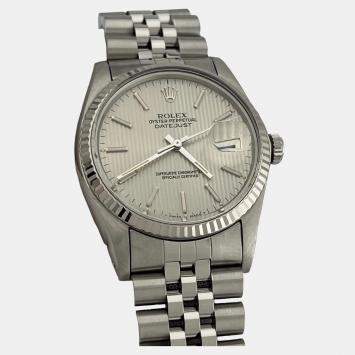 Pre Owned Rolex Datejust 16014 Automatic Silver Tapestry Stainless Steel Men's Wristwatch 36 mm