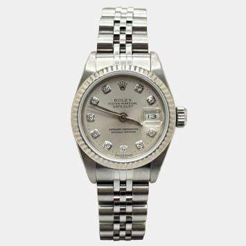 Pre Owned Rolex President Datejust 69174 Automatic Silver Diamond Stainless Steel 18k White Gold Men's Wristwatch 26 mm