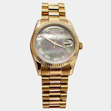Pre Owned Rolex President Day-Date 118235 Automatic Tahitian Mother of Pearl 18k Rose Gold Men's Wristwatch 36 mm