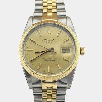 Pre Owned Rolex Date 15053 Automatic Champagne 18K Yellow Gold Stainless Steel Men's Wristwatch 34 mm