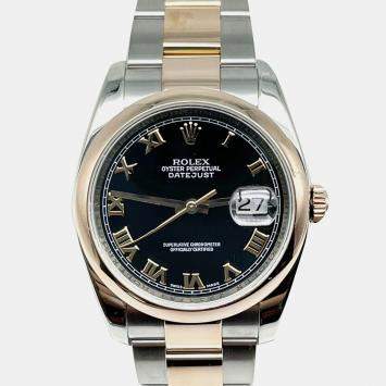 Pre Owned Rolex Datejust 116201 Automatic Black 18k Rose Gold Stainless Steel Men's Wristwatch 36 mm