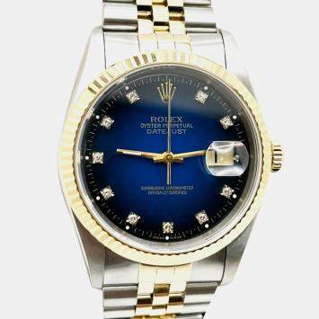 Pre Owned Rolex Datejust 16233 Automatic Blue Vignette Diamond 18K Yellow Gold Stainless Steel Men's Wristwatch 36 mm