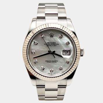 Pre Owned Rolex Datejust 126334 Automatic Mother of Pearl Diamond Stainless Steel 18K White Gold Men's Wristwatch 41 mm