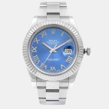 Pre Owned Rolex Datejust II 116334 Automatic Blue Roman Dial Stainless Steel 18k White Gold Men's Wristwatch 41mm