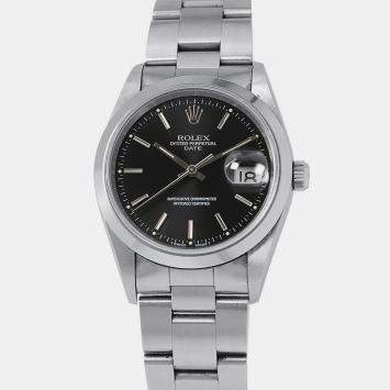 مملوكة مسبقًا Rolex Oyster Perpetual Date 15200 Automatic Black Stainless Steel Men's Wristwatch 34 mm