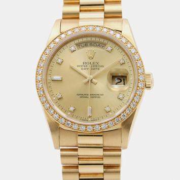 Pre Owned Rolex Day-Date 18348A Champagne 18K Yellow Gold, Diamond Automatic Men's Watches 36mm 