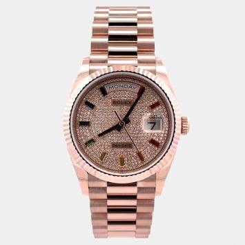 Pre Owned Rolex Day-Date 128235 Diamond Pave Rose Gold Automatic Men's Wristwatch 36mm