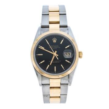 Pre Owned Rolex Black 18K Yellow Gold Stainless Steel Oyster Perpetual Date 15203 Men's Wristwatch 34 mm