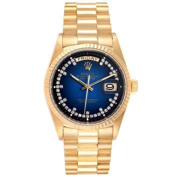 Pre Owned Rolex Blue Diamonds 18K Yellow Gold President Day-Date 18038 Men's Wristwatch 36 MM