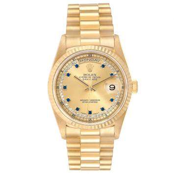 Pre Owned Rolex Champagne Blue Sapphire Diamonds 18K Yellow Gold President Day-Date 18238 Men's Wristwatch 36 MM