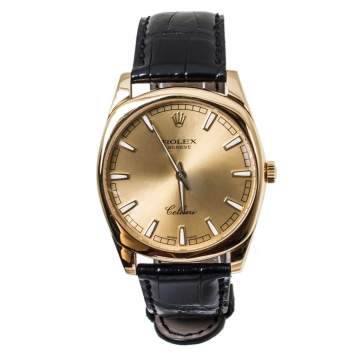Pre Owned Rolex 18K Yellow Gold Crocodile Leather Cellini Danaos 4243/8 Men's Wristwatch 38 mm